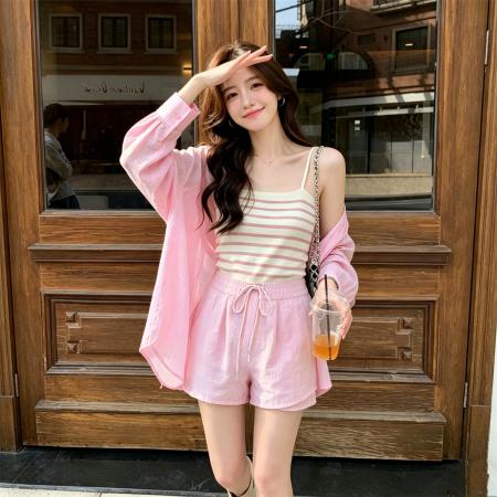 BY25459# 夏日天丝凉感三件套装减龄长袖宽松防晒上衣衬衫条纹针织背心短裤  服裝批發女裝批發服飾貨源