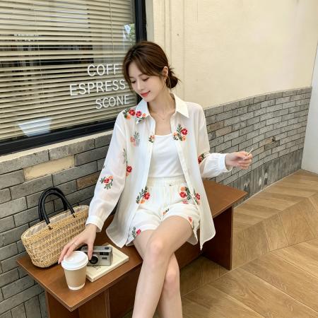 BY25460# 洋气刺绣重工两件套装26夏长袖长款宽松防晒衬衫外套＋抽绳短裤女  服裝批發女裝批發服飾貨源