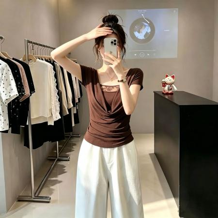 BY25462# 官拍大码女装时尚洋气假两件蕾丝拼接短袖t恤百搭气质感褶皱上衣  服裝批發女裝批發服飾貨源