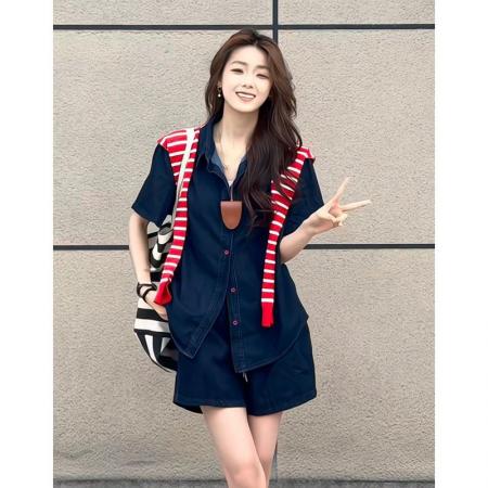 BY25474# 复古甜辣风牛仔衬衫短裤两件套女春夏宽松休闲套装 服裝批發女裝批發服飾貨源