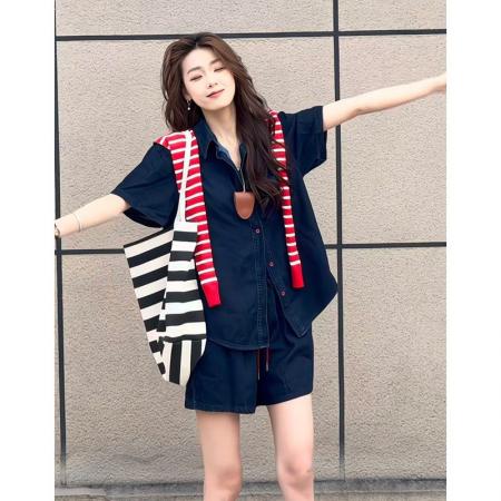 BY25474# 复古甜辣风牛仔衬衫短裤两件套女春夏宽松休闲套装 服裝批發女裝批發服飾貨源