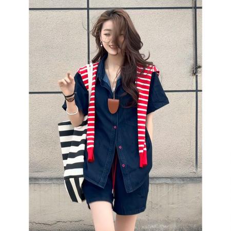 BY25474# 复古甜辣风牛仔衬衫短裤两件套女春夏宽松休闲套装 服裝批發女裝批發服飾貨源