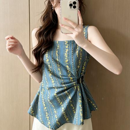 BY25490# 蓝色条纹吊带背心女夏外穿露背法式独特无袖小上衣高级感新款 服裝批發女裝批發服飾貨源