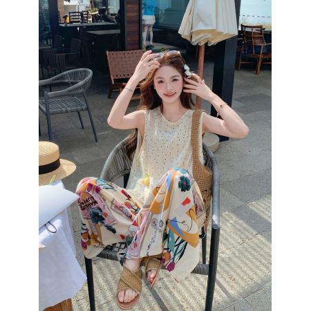 BY25513# 法式度假风无袖上衣套装女夏季新款艺术感印花阔腿裤两件套 服裝批發女裝批發服飾貨源