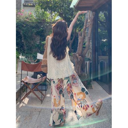 BY25513# 法式度假风无袖上衣套装女夏季新款艺术感印花阔腿裤两件套 服裝批發女裝批發服飾貨源