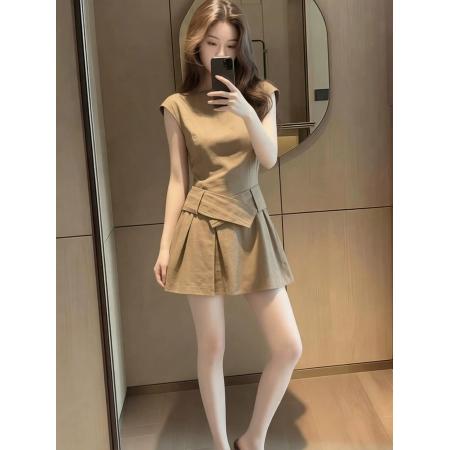 BY25516# 法式复古格纹棕色收腰显瘦夏季新款百搭短连衣裙女装简约宽松显瘦 服裝批發女裝批發服飾貨源