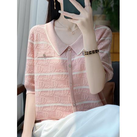 BY25521# 新款条纹提花短袖t恤女夏季打底衫洋气大码女装冰丝针织上衣 服裝批發女裝批發服飾貨源