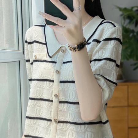 BY25521# 新款条纹提花短袖t恤女夏季打底衫洋气大码女装冰丝针织上衣 服裝批發女裝批發服飾貨源
