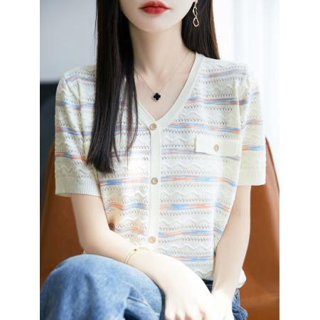 BY25522# 撞色V领短袖夏季法式小香风冰丝显瘦针织衫上衣女镂空条纹T恤 服裝批發女裝批發服飾貨源