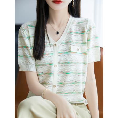 BY25522# 撞色V领短袖夏季法式小香风冰丝显瘦针织衫上衣女镂空条纹T恤 服裝批發女裝批發服飾貨源