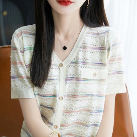 BY25522# 撞色V领短袖夏季法式小香风冰丝显瘦针织衫上衣女镂空条纹T恤 服裝批發女裝批發服飾貨源