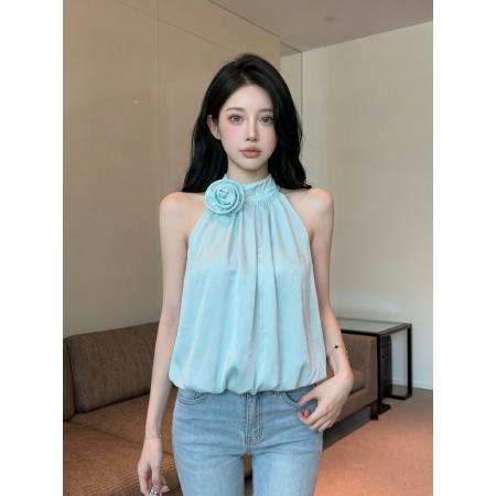 BY25525# 纯欲风甜辣妹立体花朵挂脖吊带上衣女夏新款外穿短背心小衫 服裝批發女裝批發服飾貨源
