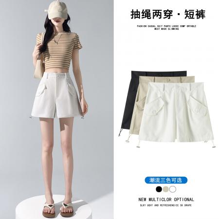 BY25580# 设计感夏季高腰宽松工装短裤两穿显腿长抽绳阔腿休闲裤 服裝批發女裝批發服飾貨源