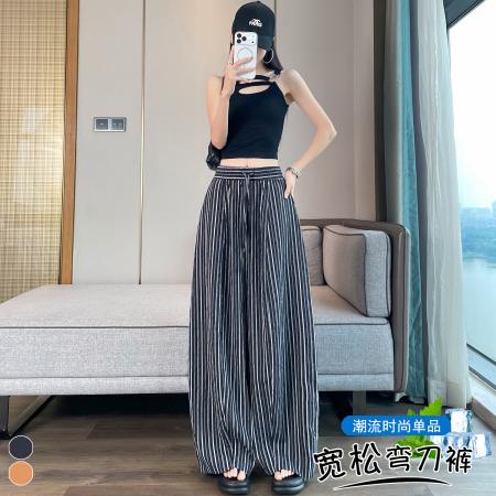 BY25581# 夏季新款撞色条纹高腰阔腿裤宽松时尚百搭弯刀裤休闲直筒裤 服裝批發女裝批發服飾貨源