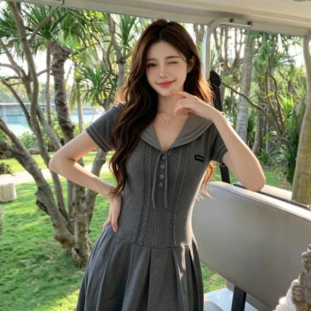 BY25586# 夏季少女减龄设计感百褶裙气质校感无袖海军领针织修身收腰连衣裙 服裝批發女裝批發服飾貨源