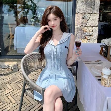 BY25586# 夏季少女减龄设计感百褶裙气质校感无袖海军领针织修身收腰连衣裙 服裝批發女裝批發服飾貨源