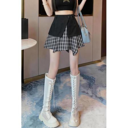 BY25597# 格子不规则半身裙拼接两件套裙子夏新款显瘦短裙子 服裝批發女裝批發服飾貨源