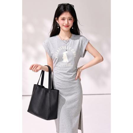 BY25603# 灰色可爱兔子连衣裙中长款夏季新款百搭飞飞袖T恤裙 服裝批發女裝批發服飾貨源
