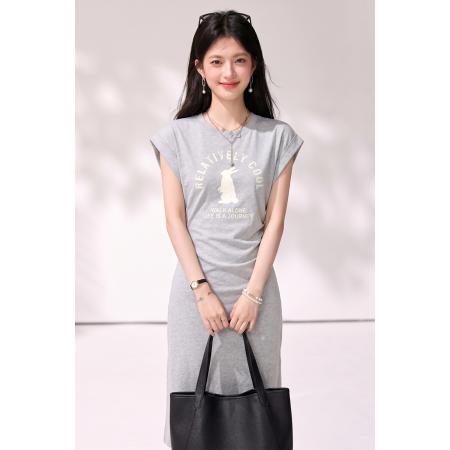 BY25603# 灰色可爱兔子连衣裙中长款夏季新款百搭飞飞袖T恤裙 服裝批發女裝批發服飾貨源