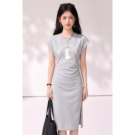 BY25603# 灰色可爱兔子连衣裙中长款夏季新款百搭飞飞袖T恤裙 服裝批發女裝批發服飾貨源