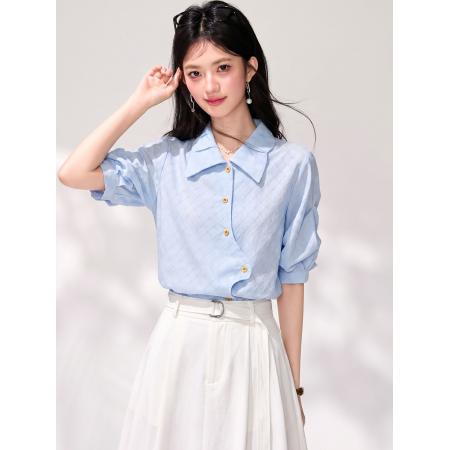 BY25604# 法式高级感蓝色短袖衬衫女夏季新款设计感小众不规则上衣 服裝批發女裝批發服飾貨源