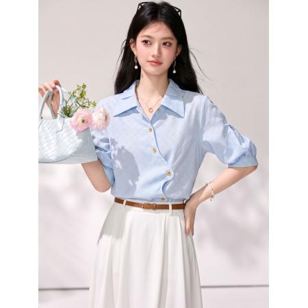 BY25604# 法式高级感蓝色短袖衬衫女夏季新款设计感小众不规则上衣 服裝批發女裝批發服飾貨源