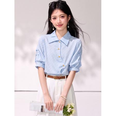 BY25604# 法式高级感蓝色短袖衬衫女夏季新款设计感小众不规则上衣 服裝批發女裝批發服飾貨源