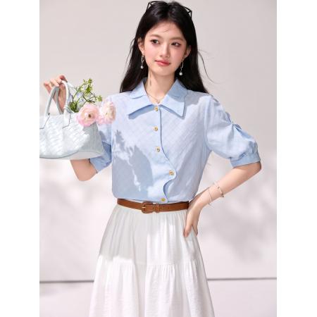 BY25604# 法式高级感蓝色短袖衬衫女夏季新款设计感小众不规则上衣 服裝批發女裝批發服飾貨源