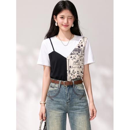 BY25607# 设计感假两件拼接短袖T恤女夏季新款时尚套头休闲上衣 服裝批發女裝批發服飾貨源