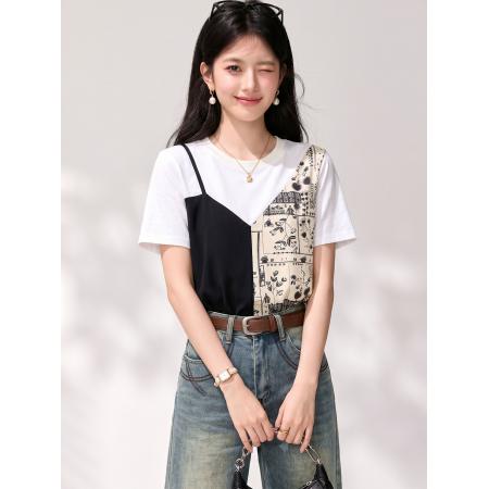 BY25607# 设计感假两件拼接短袖T恤女夏季新款时尚套头休闲上衣 服裝批發女裝批發服飾貨源
