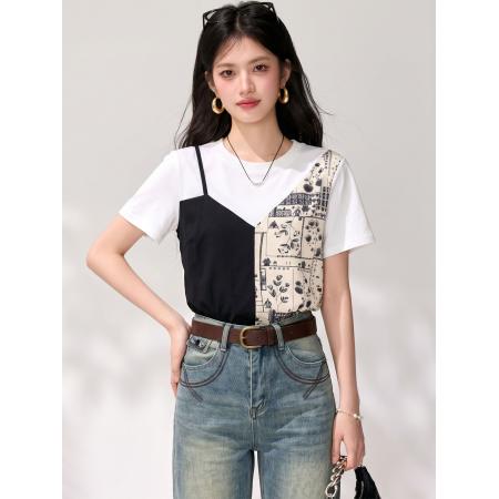 BY25607# 设计感假两件拼接短袖T恤女夏季新款时尚套头休闲上衣 服裝批發女裝批發服飾貨源