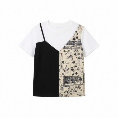 BY25607# 设计感假两件拼接短袖T恤女夏季新款时尚套头休闲上衣 服裝批發女裝批發服飾貨源