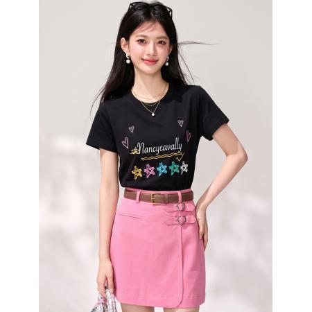 BY25609# 韩版正肩黑色短袖t恤女新款夏季设计感小众修身显瘦上衣 服裝批發女裝批發服飾貨源