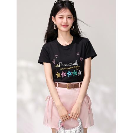 BY25609# 韩版正肩黑色短袖t恤女新款夏季设计感小众修身显瘦上衣 服裝批發女裝批發服飾貨源