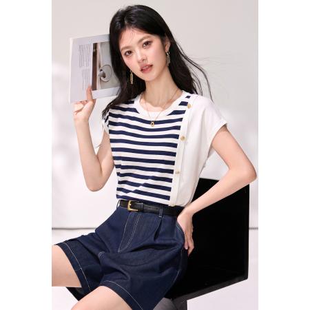 BY25611# 玛依尔撞色条纹针织T恤女夏季休闲宽松短袖chic上衣 服裝批發女裝批發服飾貨源