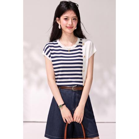 BY25611# 玛依尔撞色条纹针织T恤女夏季休闲宽松短袖chic上衣 服裝批發女裝批發服飾貨源