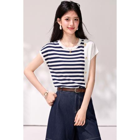 BY25611# 玛依尔撞色条纹针织T恤女夏季休闲宽松短袖chic上衣 服裝批發女裝批發服飾貨源