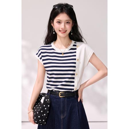 BY25611# 玛依尔撞色条纹针织T恤女夏季休闲宽松短袖chic上衣 服裝批發女裝批發服飾貨源