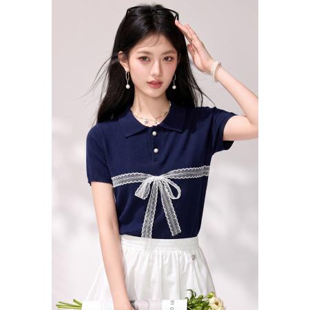 BY25614# polo衫蝴蝶结短袖针织衫女夏季新款百搭绝美薄款上衣 服裝批發女裝批發服飾貨源