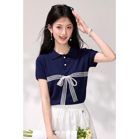 BY25614# polo衫蝴蝶结短袖针织衫女夏季新款百搭绝美薄款上衣 服裝批發女裝批發服飾貨源