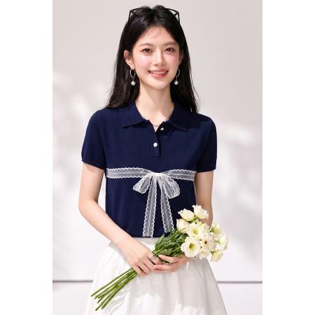BY25614# polo衫蝴蝶结短袖针织衫女夏季新款百搭绝美薄款上衣 服裝批發女裝批發服飾貨源