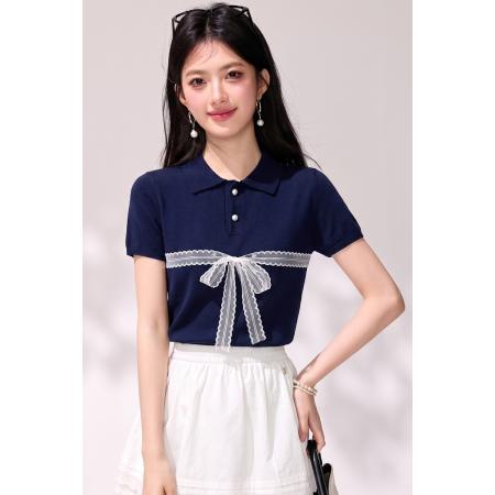 BY25614# polo衫蝴蝶结短袖针织衫女夏季新款百搭绝美薄款上衣 服裝批發女裝批發服飾貨源
