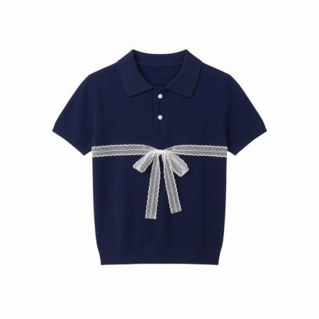 BY25614# polo衫蝴蝶结短袖针织衫女夏季新款百搭绝美薄款上衣 服裝批發女裝批發服飾貨源