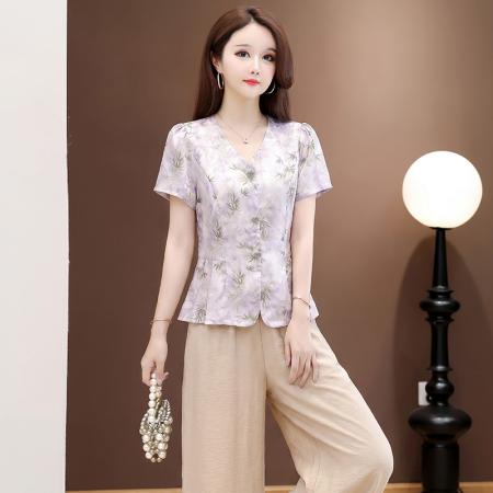 BY25641# 夏季新款装两件套缎面上衣棉麻阔腿裤时尚洋气 服裝批發女裝批發服飾貨源