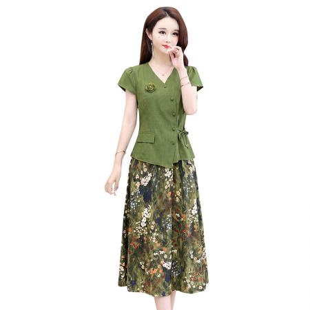 BY25659# 夏季新款大码短袖套装套裙装两件套收腰显瘦单层 服裝批發女裝批發服飾貨源