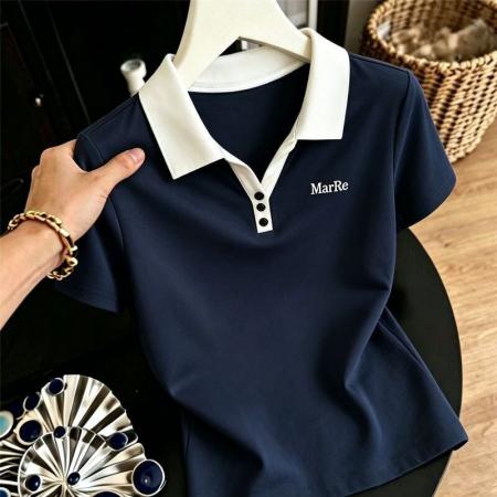 BY25677# 精梳棉夏季时尚拼色POLO短袖日常百搭简约洋气穿搭T恤 服裝批發女裝批發服飾貨源