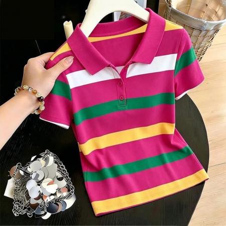 BY25678# 精梳棉夏季洋气时髦POLOT恤新款百搭时尚撞色条纹短袖 服裝批發女裝批發服飾貨源