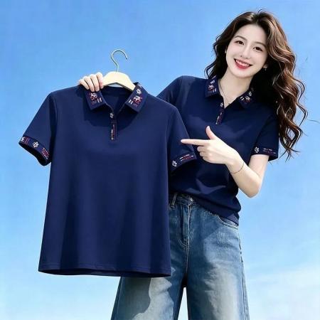 BY25681# 潮流百搭简约设计感刺绣短袖夏季时尚气质翻领显瘦T恤 服裝批發女裝批發服飾貨源