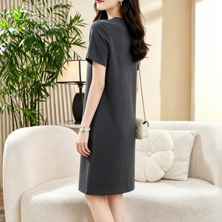 BY25689# 装夏季短袖连衣裙女士宽松显瘦中长款直筒T恤裙新款 服裝批發女裝批發服飾貨源