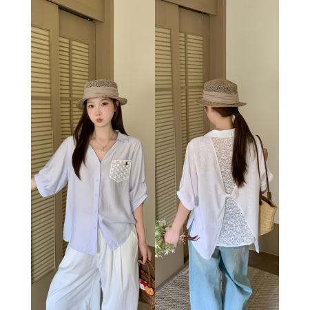 BY25711# 夏季新款胖mm大码女后背拼接蕾丝短袖衬衫设计感通勤上衣 服裝批發女裝批發服飾貨源